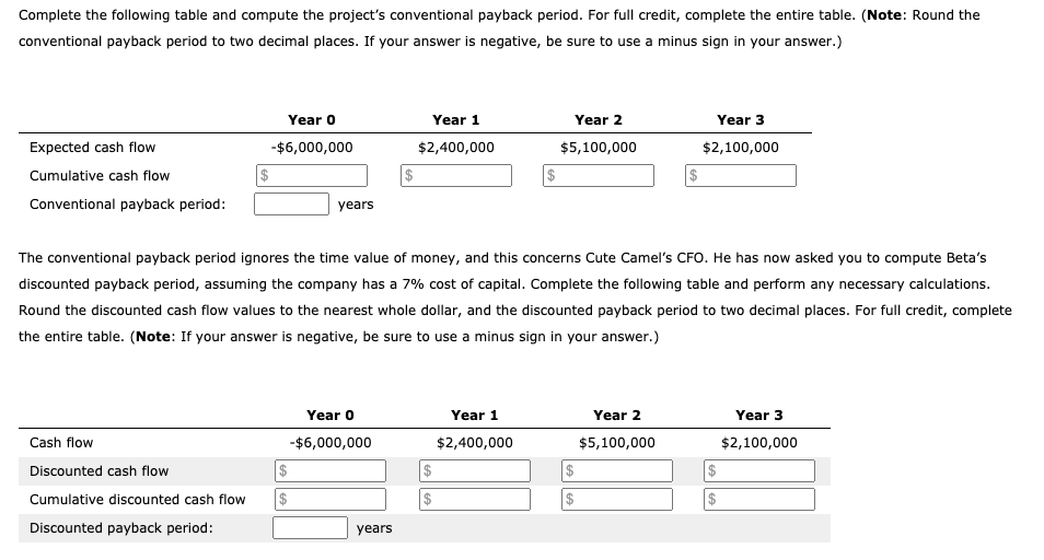  Complete the following table and compute the project's conventional payback period.