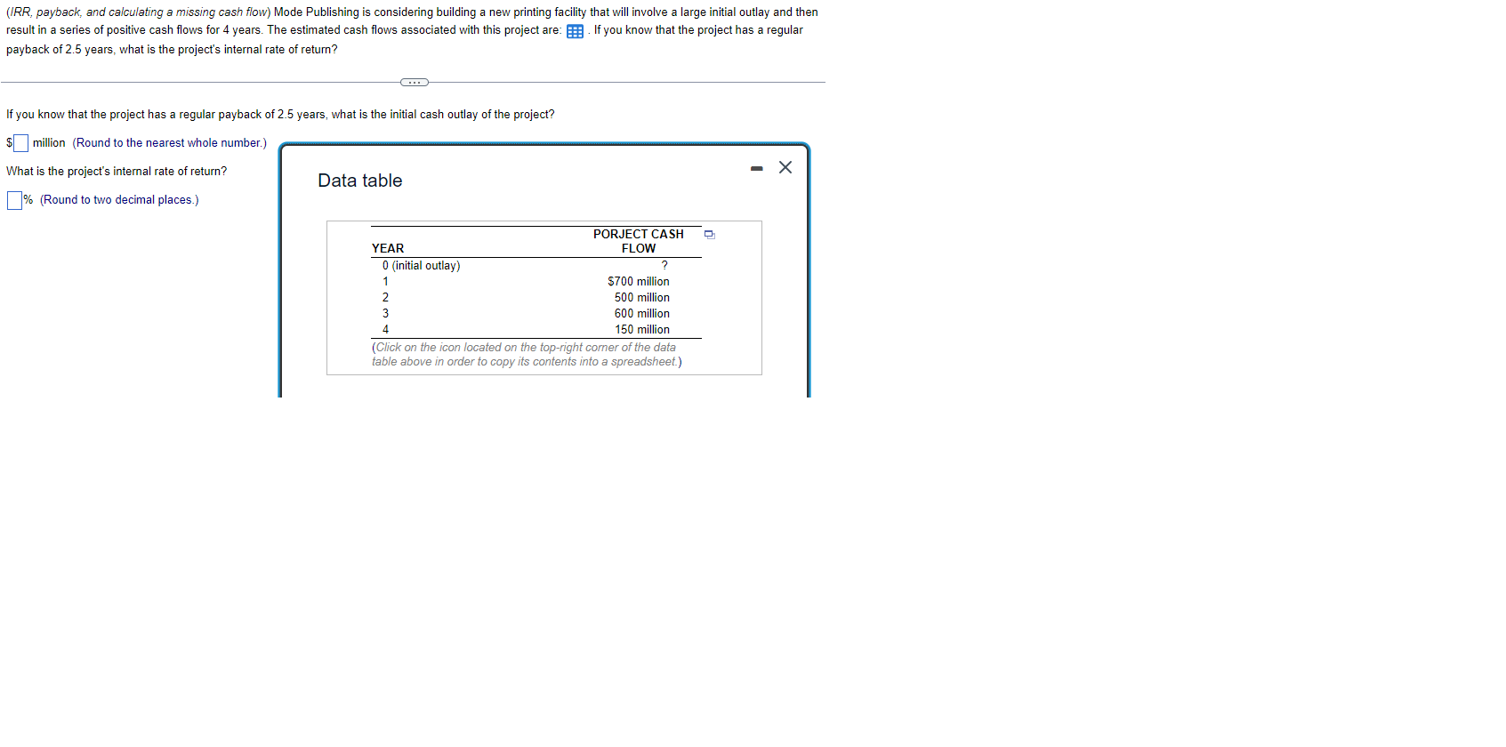  1 (IRR, payback, and calculating a missing cash flow) Mode Publishing