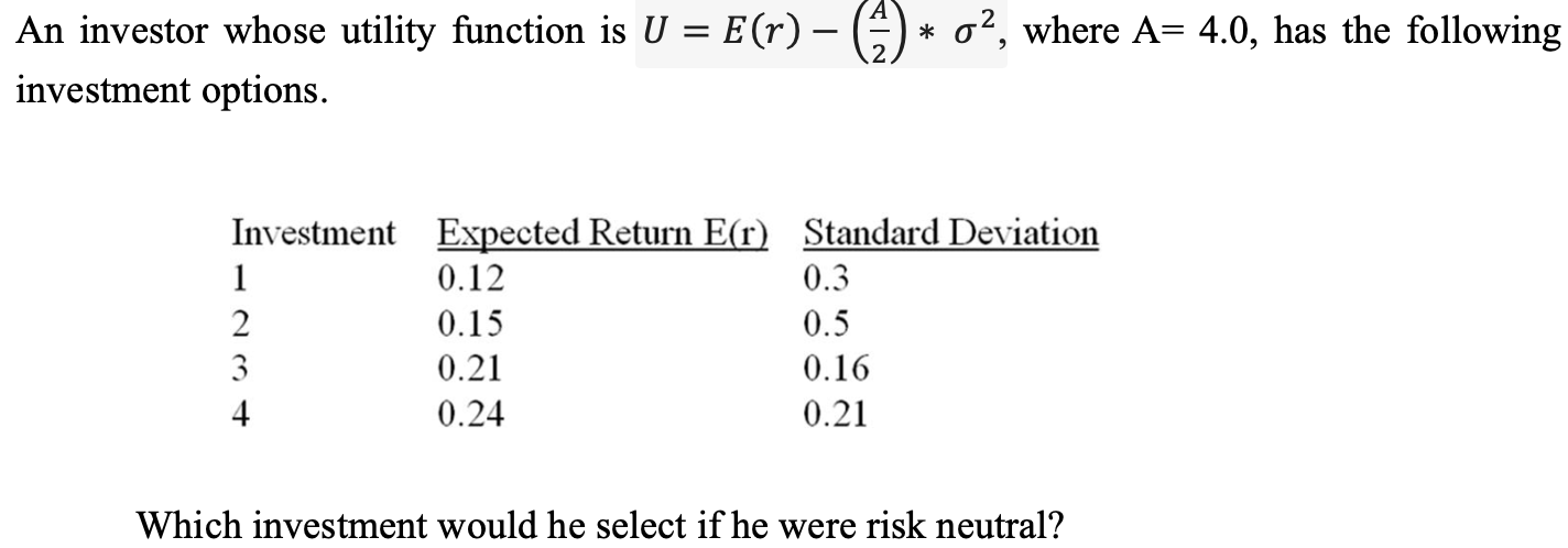  An investor whose utility function is U = E(r) ) *