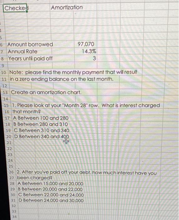  Checked Amortization 5 6 Amount borrowed 97,070 7 Annual Rate 14.3%