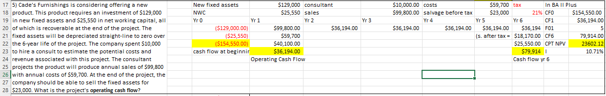 I've solved for operating cash flow, and my final question for this