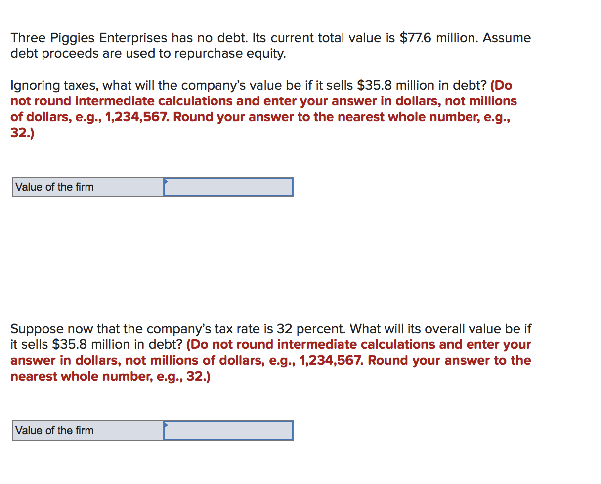  Three Piggies Enterprises has no debt. Its current total value is