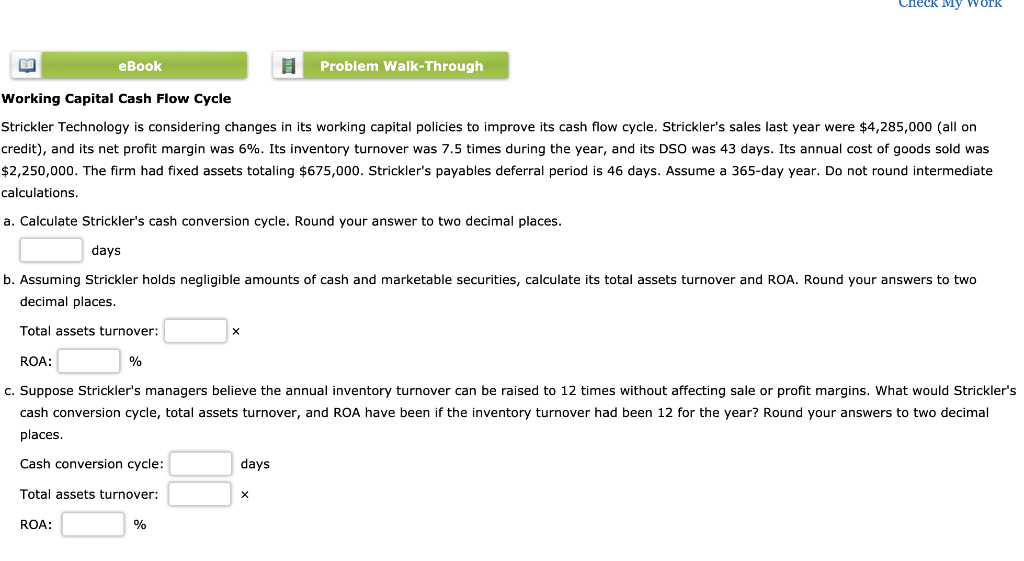 Check My Work eBook Problem Walk-Through Working Capital Cash Flow Cycle
