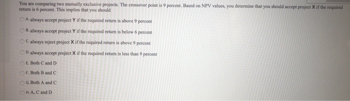  You are comparing two mutually exclusive projects. The crossover point is