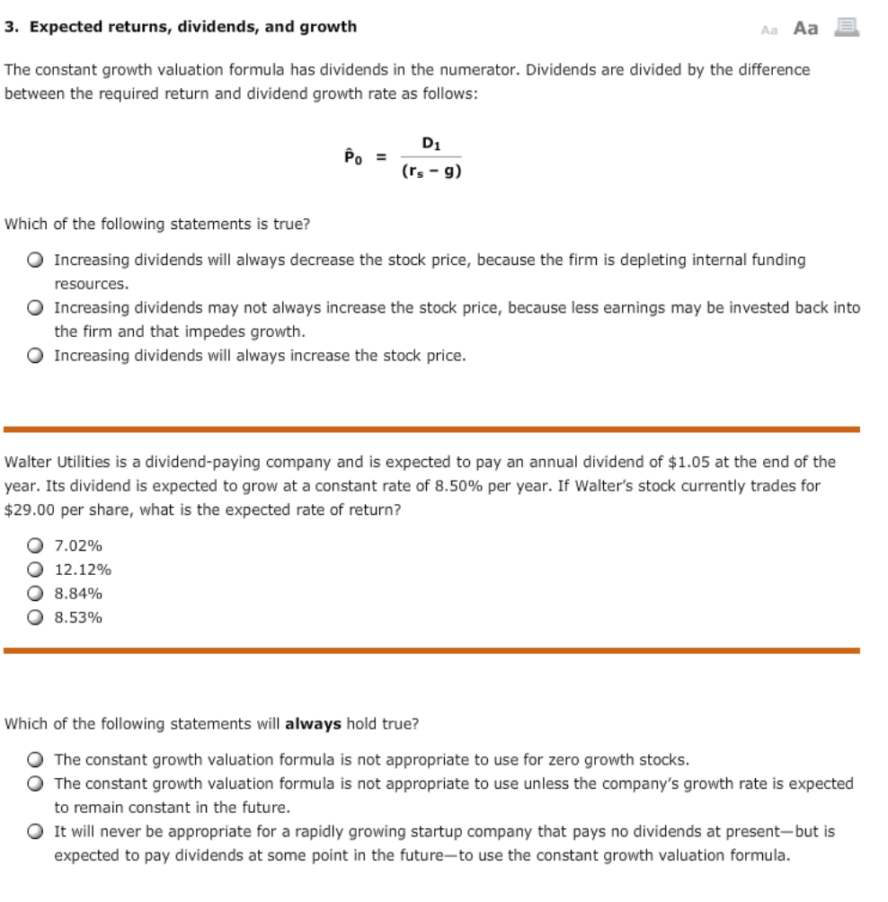  3. Expected returns, dividends, and growth Aa Aa The constant growth