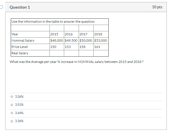 Question 1 10 pts Use the information in the table to