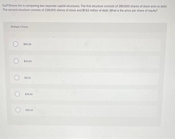  Gulf Shores Inn is comparing two separate capital structures. The first