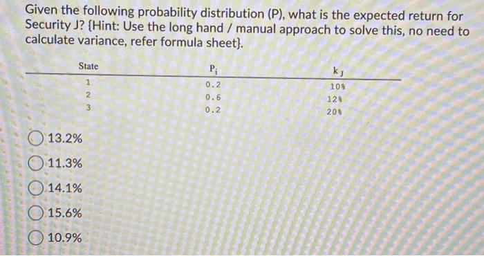  Given the following probability distribution (P), what is the expected return