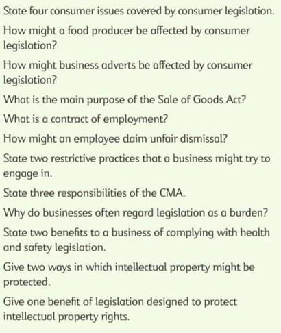  2 marks per part only State four consumer issues covered by