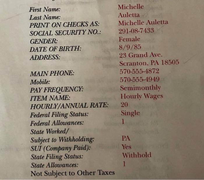 NO.: 291-08-74133 GENDER: Female DATE OF BIRTH: 8/9/85 ADDRESS: 23 Grand Ave