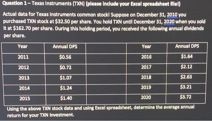  Question 1 - Texas Instruments (TXN) (please Include your Excel spreadsheet
