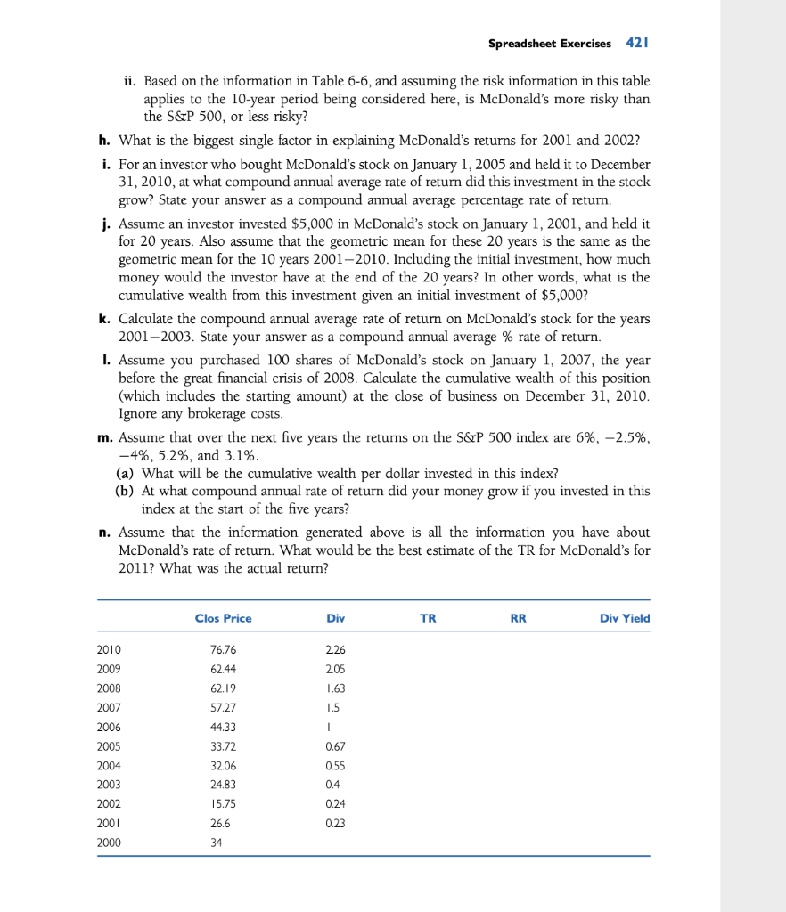  Spreadsheet Exercises 421 ii. Based on the information in Table 6-6,