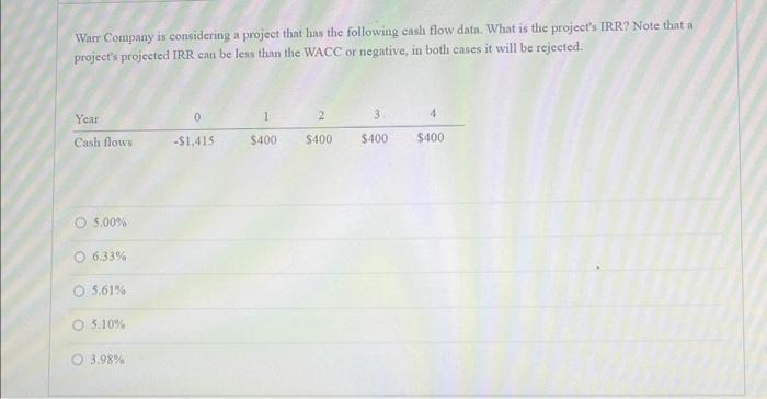  please help Warr Company is considering a project that has the