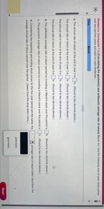 of return) Marsh inc. had the following end-of-year stock prices over the