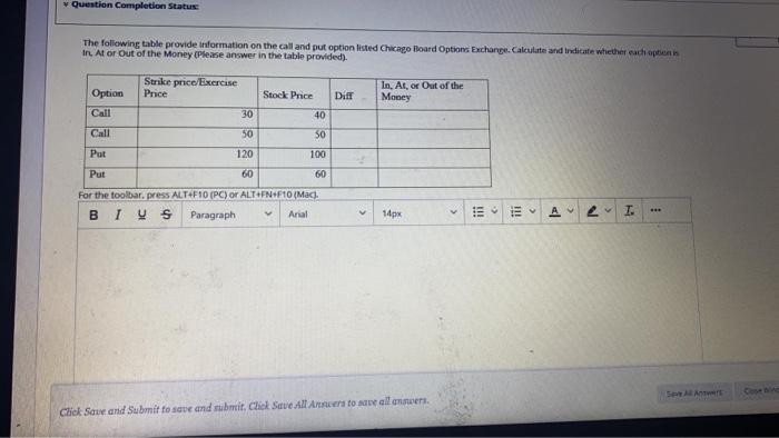 please quickly Question Completion Status The following table provide information on the