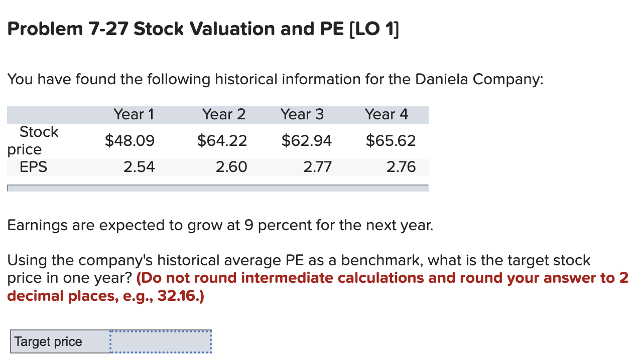 please solve. Problem 7-27 Stock Valuation and PE (LO 1] You have