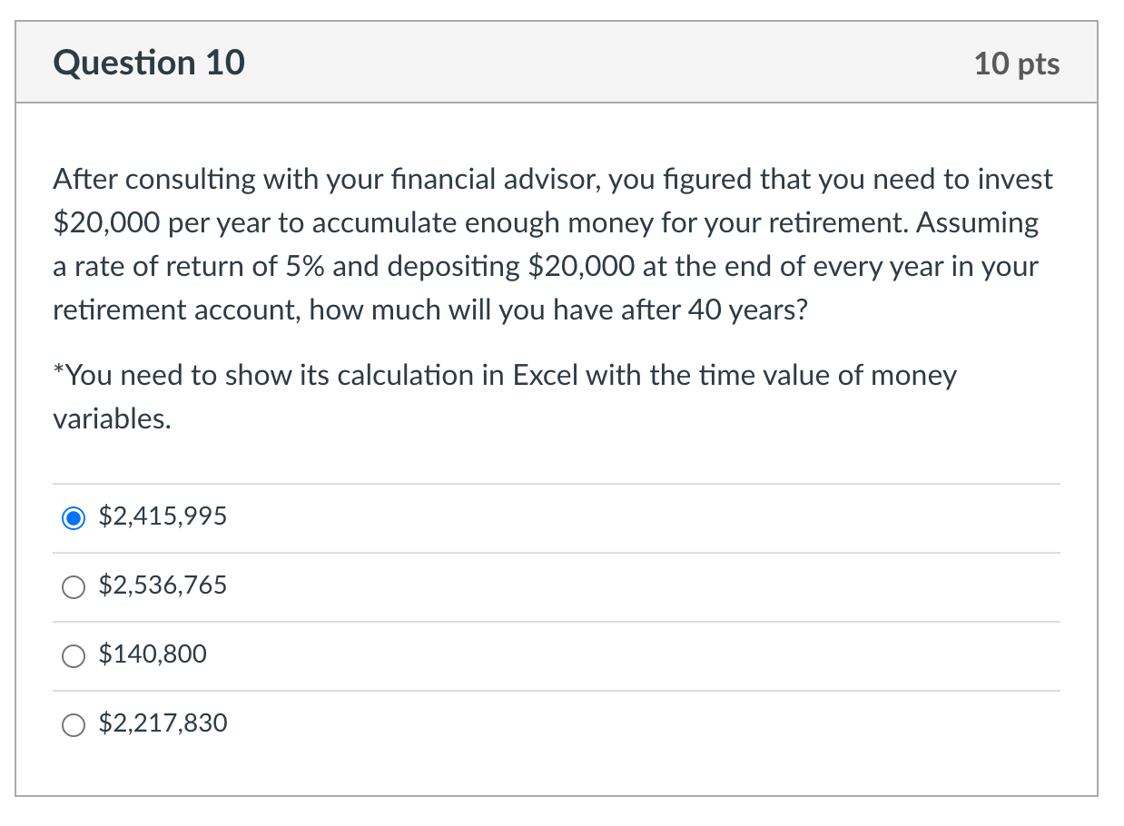 I need help with the excel function please Question 10 10 pts