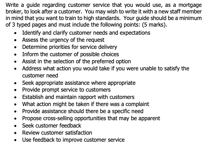 FINANCE AND MORTGAGE BROKING . Write a guide regarding customer service that
