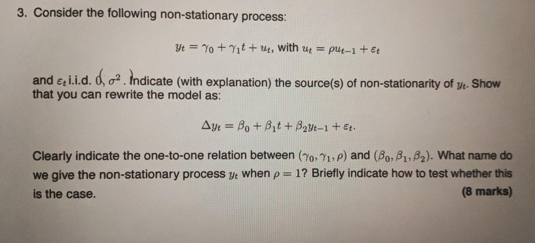 3. Consider the following non-stationary process: Yt = Yo + Vit