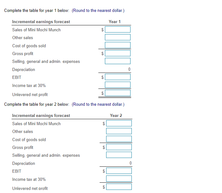 Complete the table for year 1 below: (Round to the nearest