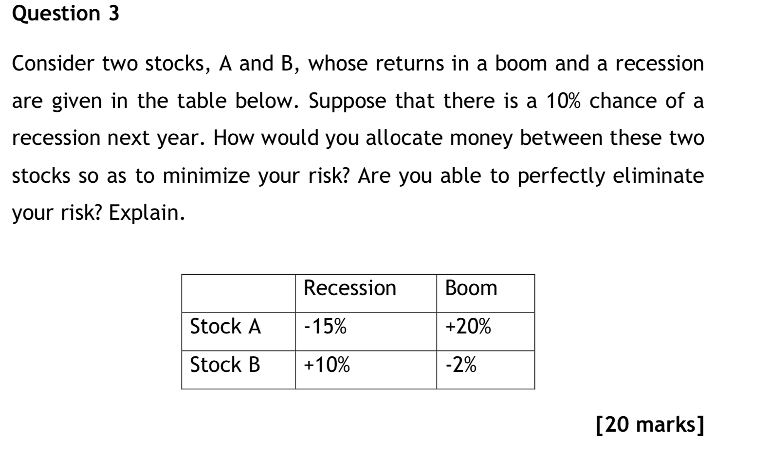 Question 3 Consider two stocks, A and B, whose returns in