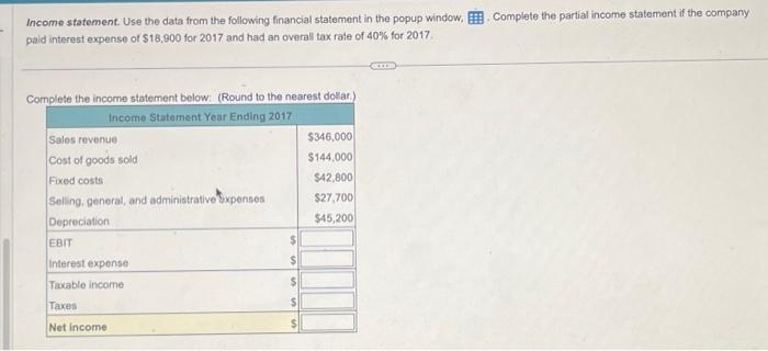  Income statement. Use the data from the following financial statement in