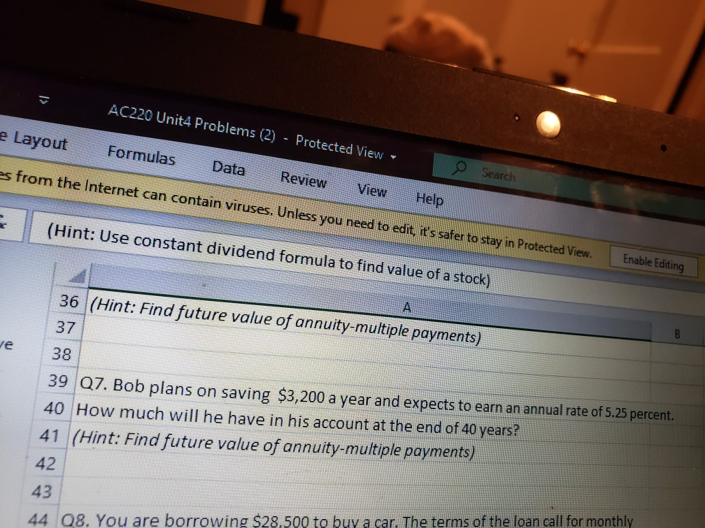 please screenshot problem worked out on excel worksheet AC220 Unit4 Problems