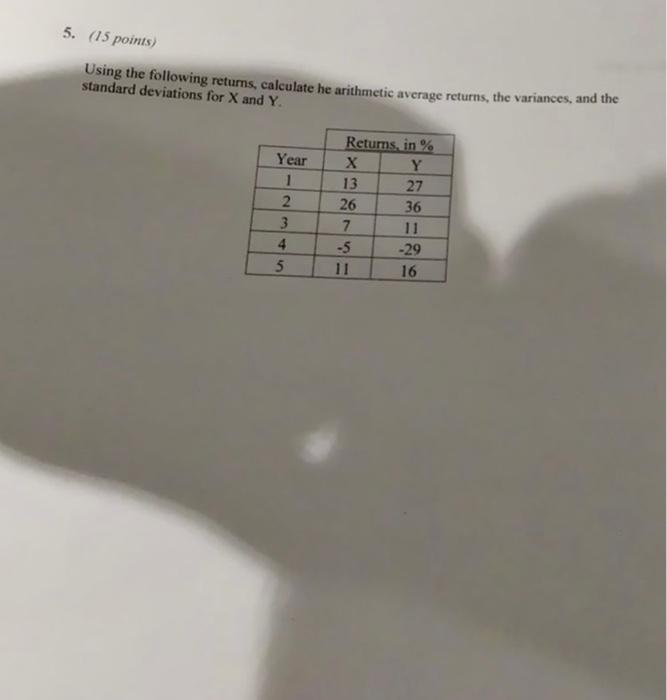  5. (15 points) Using the following returns, calculate he arithmetic average