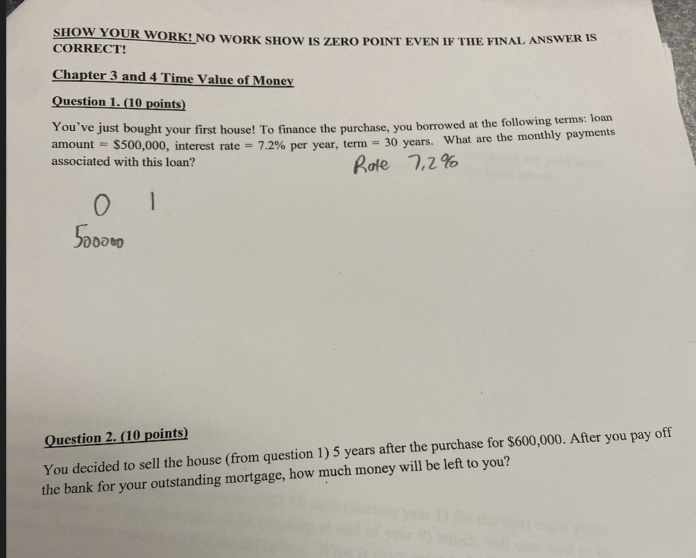 SHOW YOUR WORK! NO WORK SHOW IS ZERO POINT EVEN IF