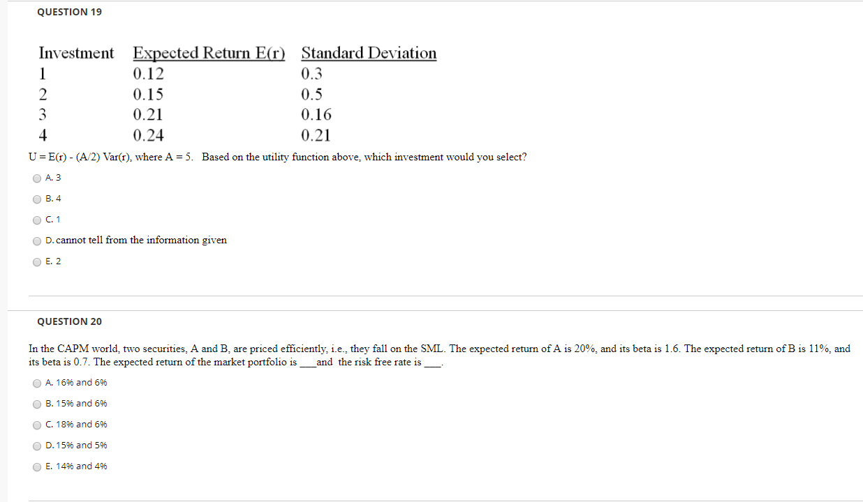 QUESTION 19 Investment Expected Return E(r) Standard Deviation 0.12 0.3 0.15