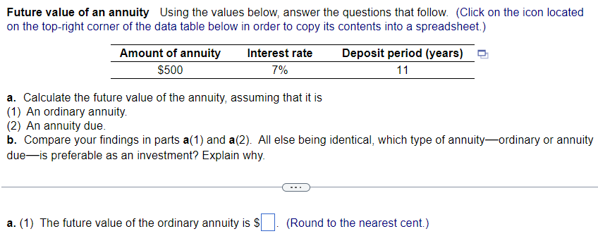  Future value of an annuity Using the values below, answer the