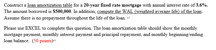 Construct a loan amortization table for a 20-year fixed rate mortgage