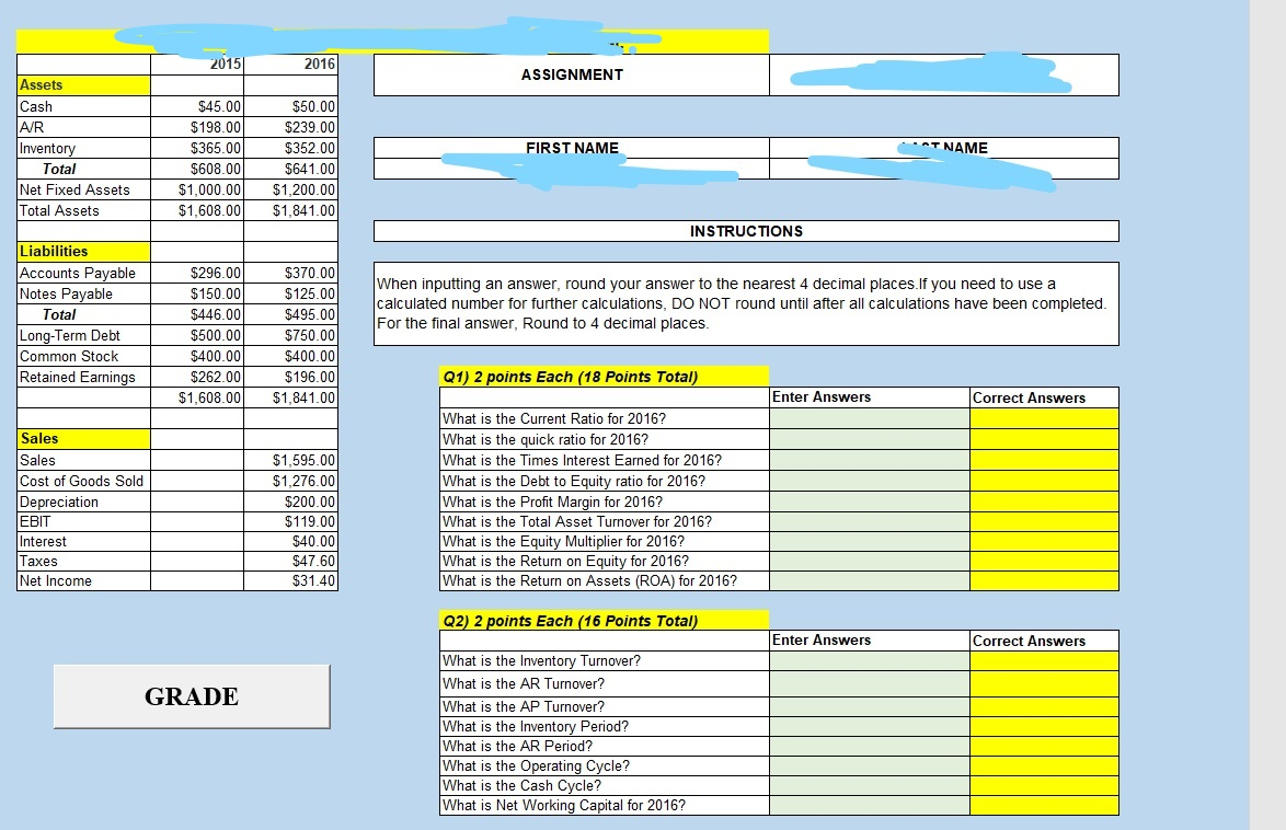  2015 2016 ASSIGNMENT Assets Cash A/R Inventory Total Net Fixed Assets