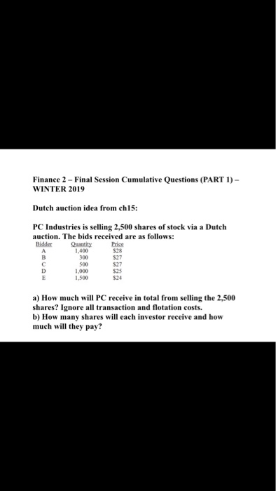  Finance 2 - Final Session Cumulative Questions (PART 1) - WINTER