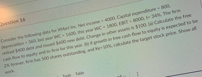  Question 16 Consider the following data for XMart Inc. Net income