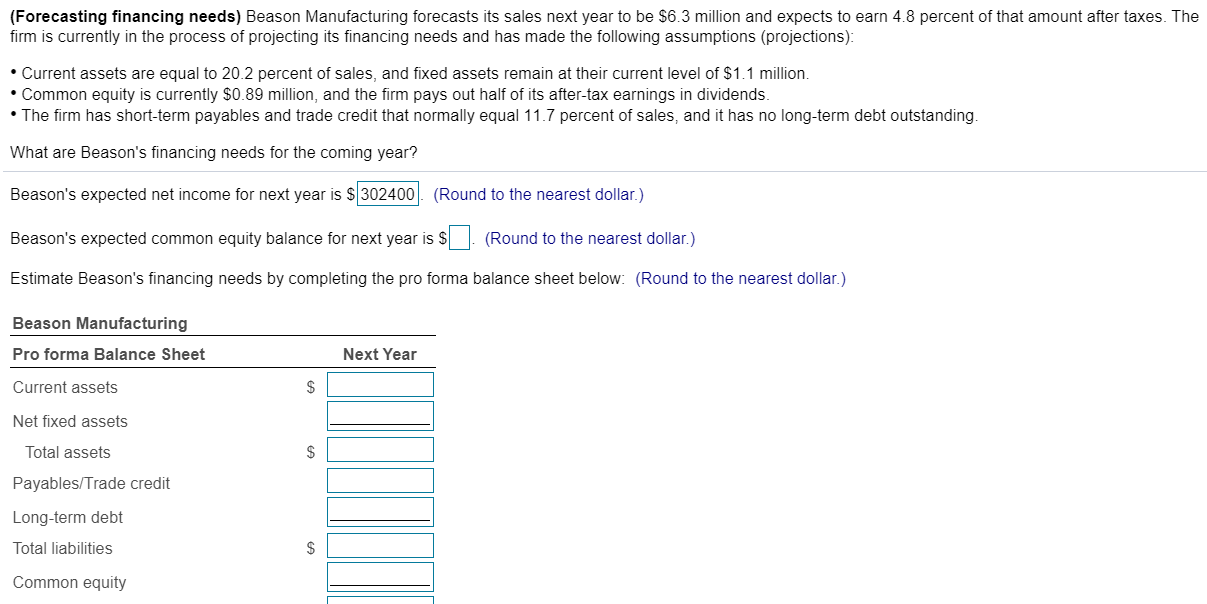 (Forecasting financing needs) Beason Manufacturing forecasts its sales next year to
