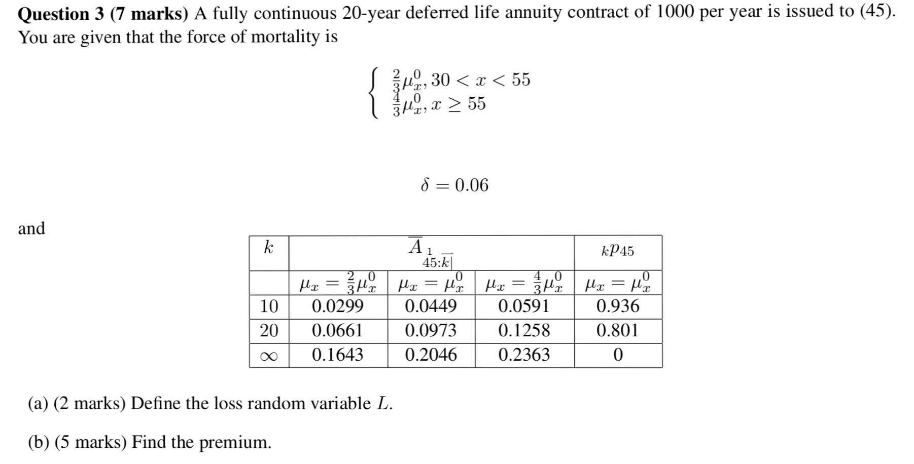Question 3 (7 marks) A fully continuous 20-year deferred life annuity
