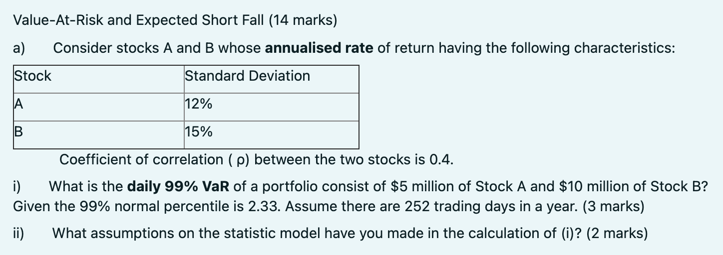 Value-At-Risk and Expected Short Fall (14 marks) a) Consider stocks and