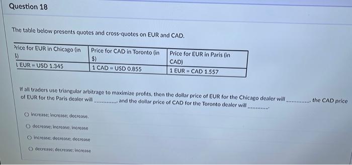  Question 18 The table below presents quotes and cross-quotes on EUR