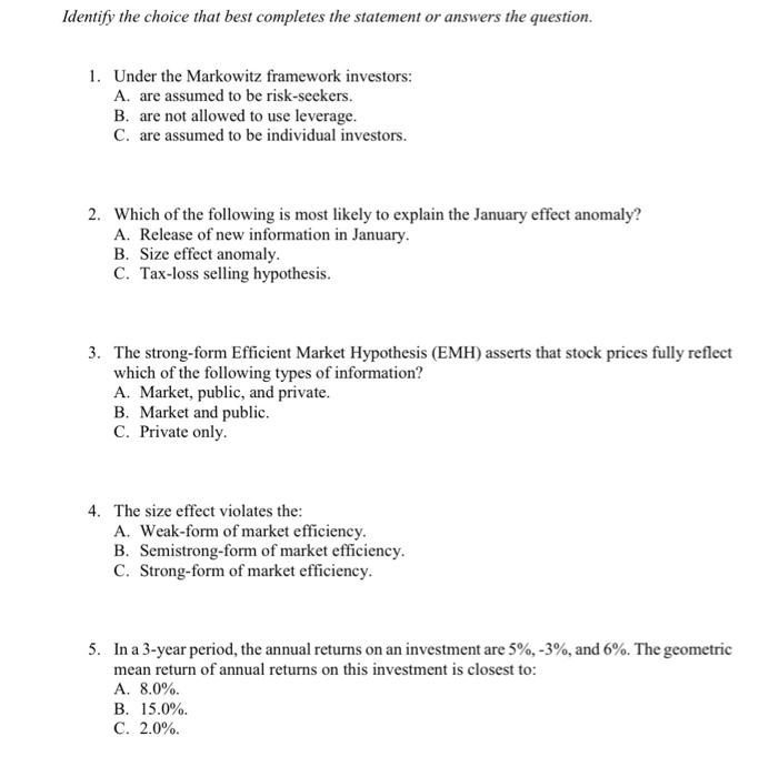  Identify the choice that best completes the statement or answers the