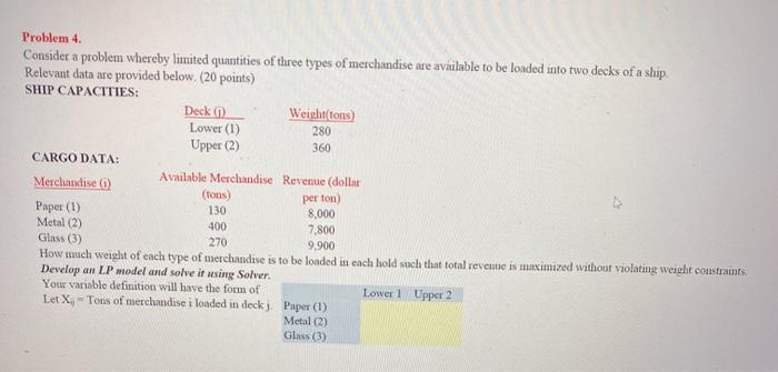  please show using solver step on Excel. Problem 4. Consider a