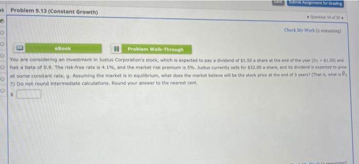  sco Assignment for Grading as Problem 9.13 (Constant Growth) 1610 .