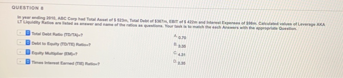  QUESTION 8 In year ending 2010, ABC Corp had Total Asset