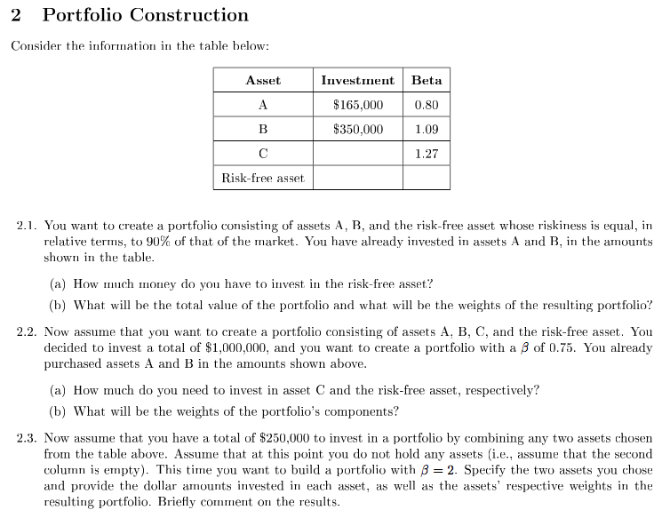  2 Portfolio Construction Consider the information in the table below: Asset