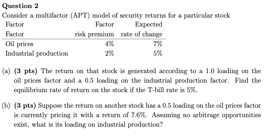 Question 2 Consider a multifactor (APT) model of security returns for