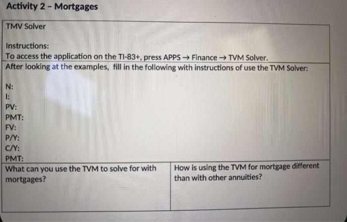  Activity 2 - Mortgages TMV Solver Instructions: To access the application