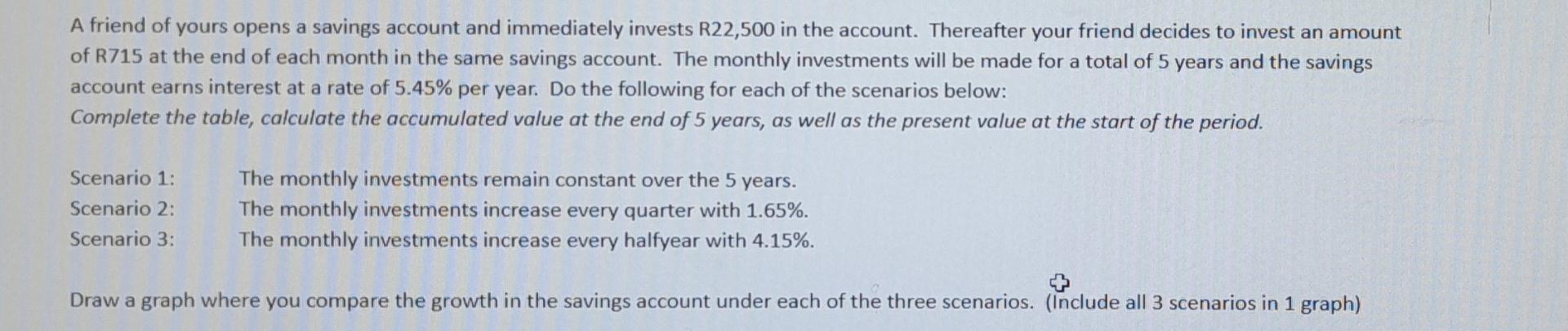  please use excel to solve this problem, each scenario has table