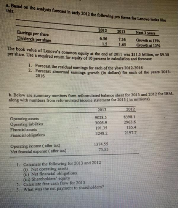  2. Based on the analysts forecast in early 2012 the following