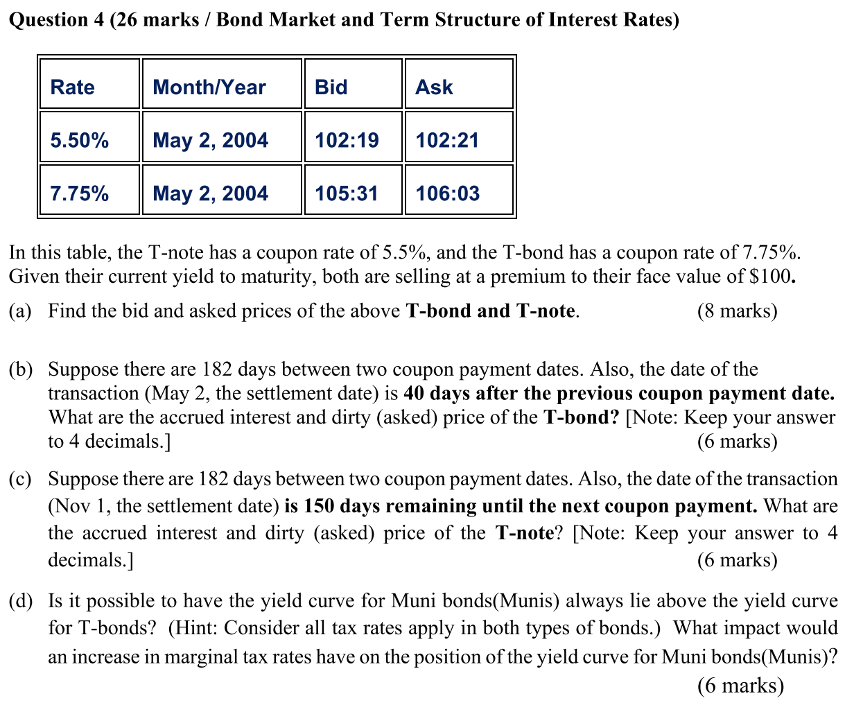  Question 4 (26 marks / Bond Market and Term Structure of
