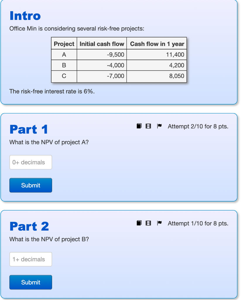  Intro Office Min is considering several risk-free projects: Project Initial cash